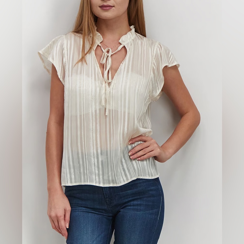 Avec Les Filles Tie Neck Sheer Stripe Blouse Cream Ruffle Flutter Sleeve L NWT